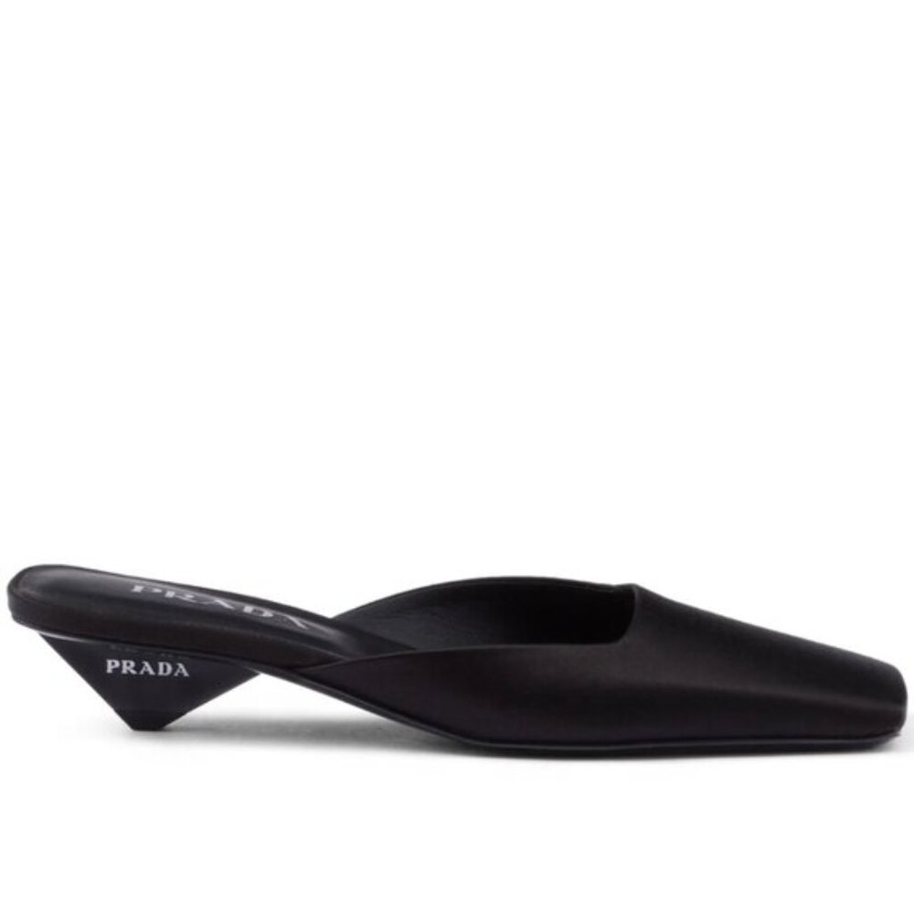 NWT Prada Slip-on Mules Black Satin Square Toe Triangle Heels Sz 36